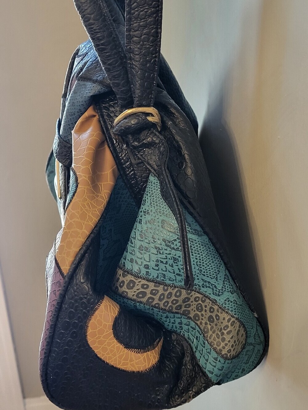 NAS Bag Faux Lizard Patchwork Vtg 80s Made In Korea Top Handle/Shoulder Strap - Picture 5 of 14